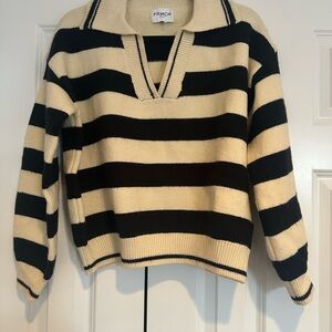FRNCH Cream & Black Striped V-Neck Polo Sweater